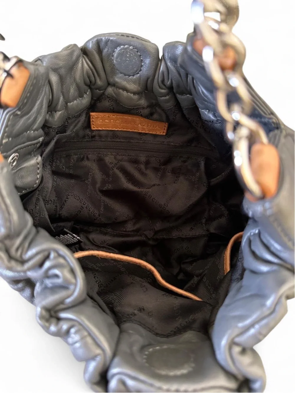 BCBG Max Azria Grey Ruched Lambskin Bag